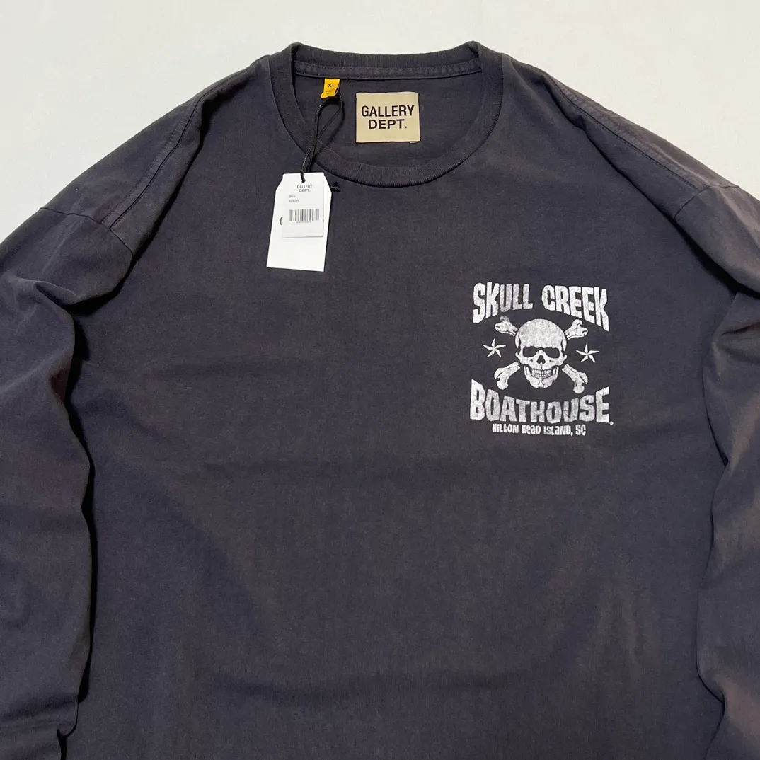 GALLERY DEPT. SKULL CREEK L/S TEE/BLK Glitter skull surf long sleeves, washed black S-XL, genuine development, correct version, garment dyed, washed and distressed, printing has a full sense of distress